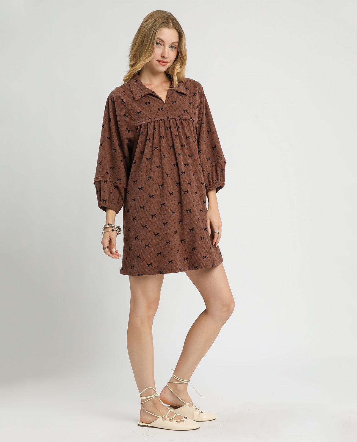 Umgee Corduroy Bow Print Dress Brown