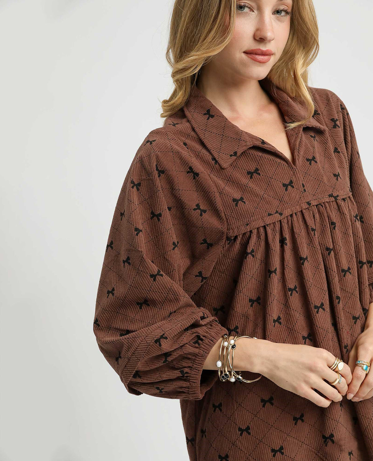 Umgee Corduroy Bow Print Dress Brown