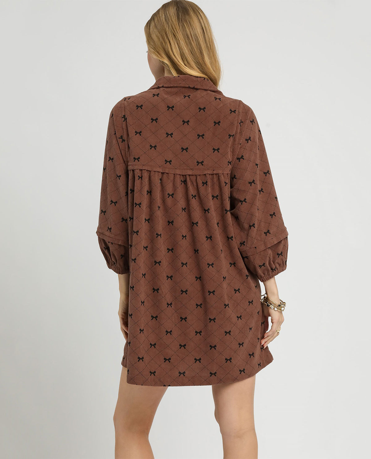 Umgee Corduroy Bow Print Dress Brown
