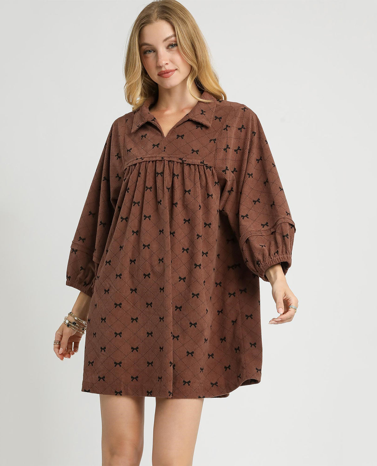 Umgee Corduroy Bow Print Dress Brown
