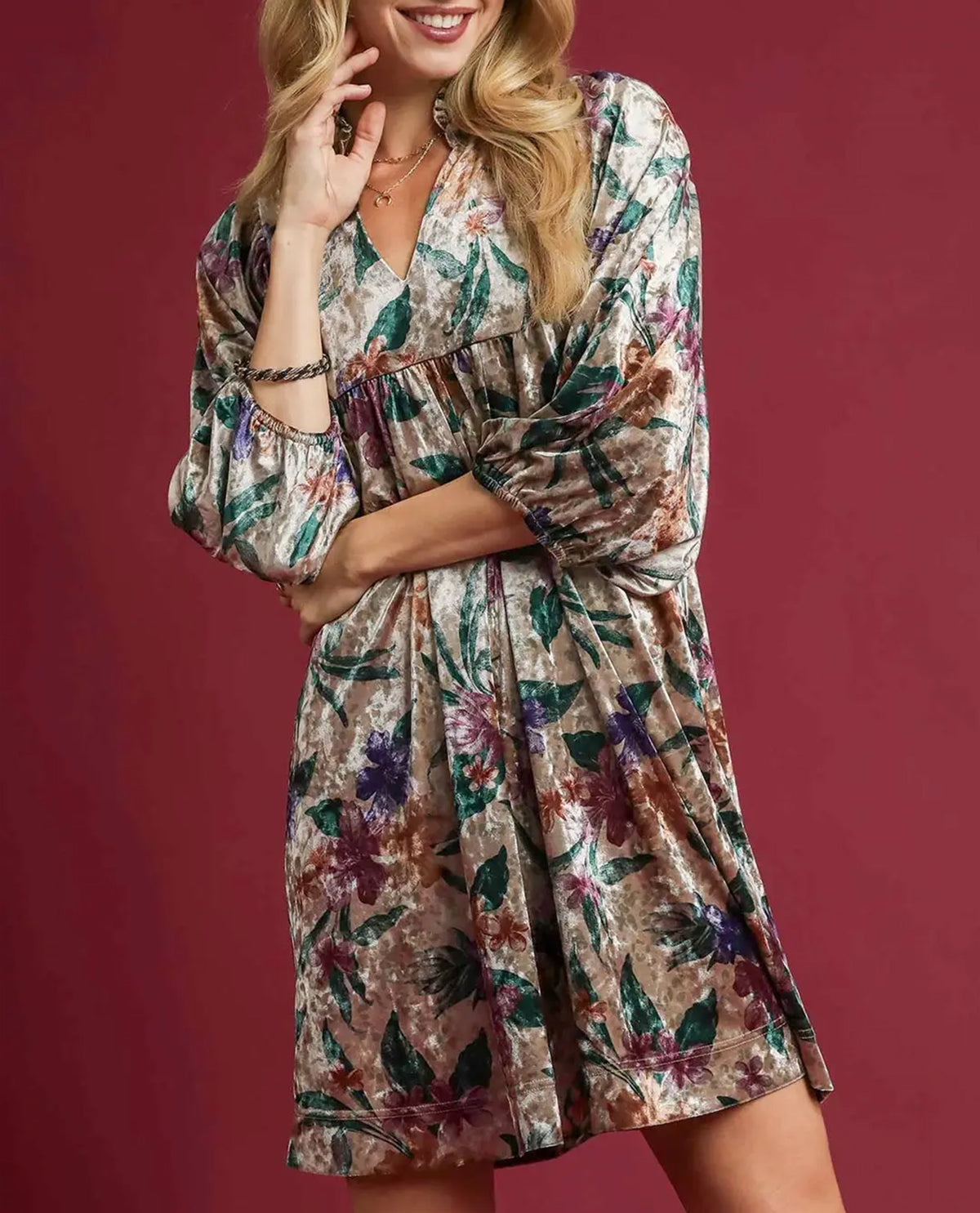 Umgee Flower and Animal Print Velvet Dress Multi