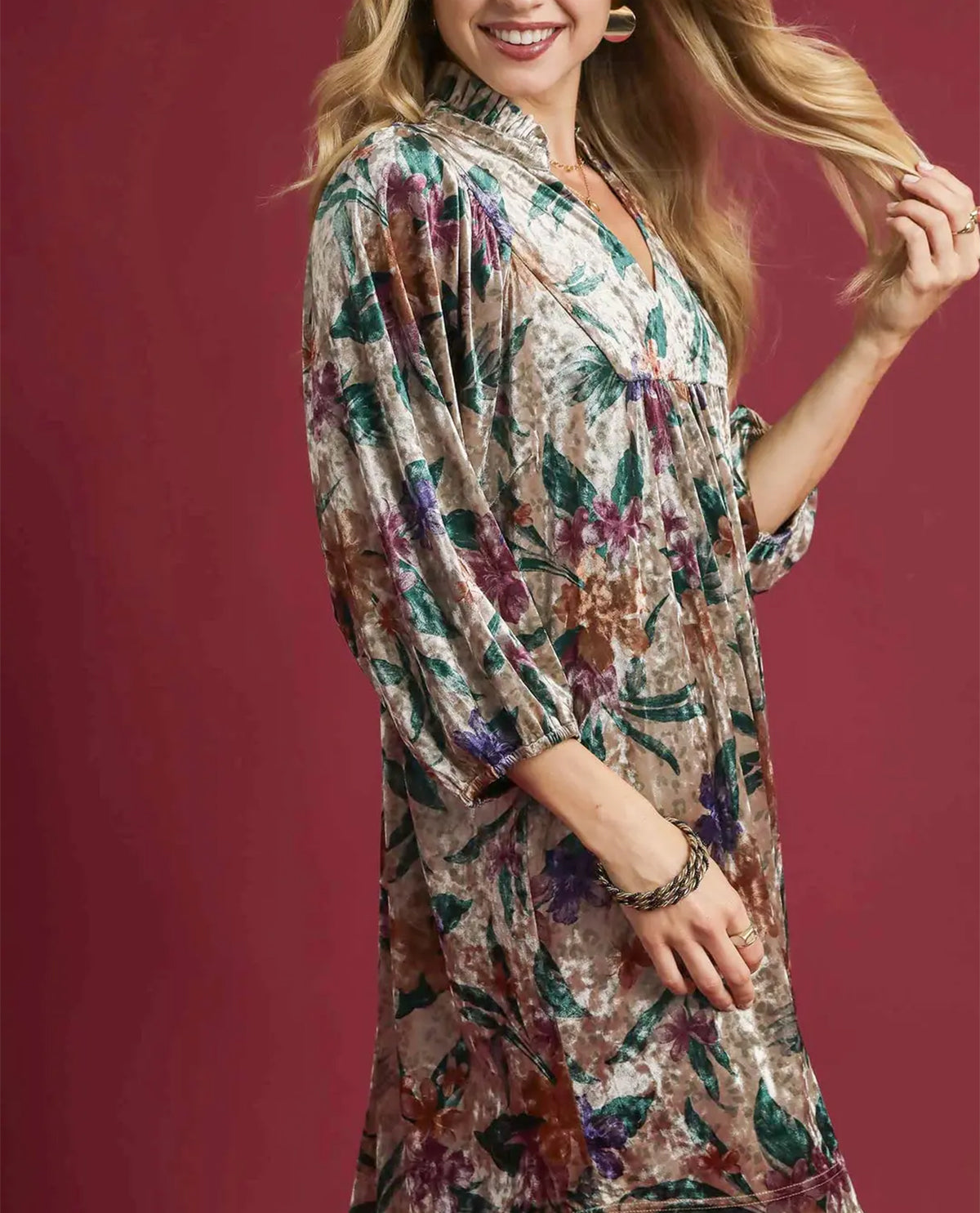 Umgee Flower and Animal Print Velvet Dress Multi