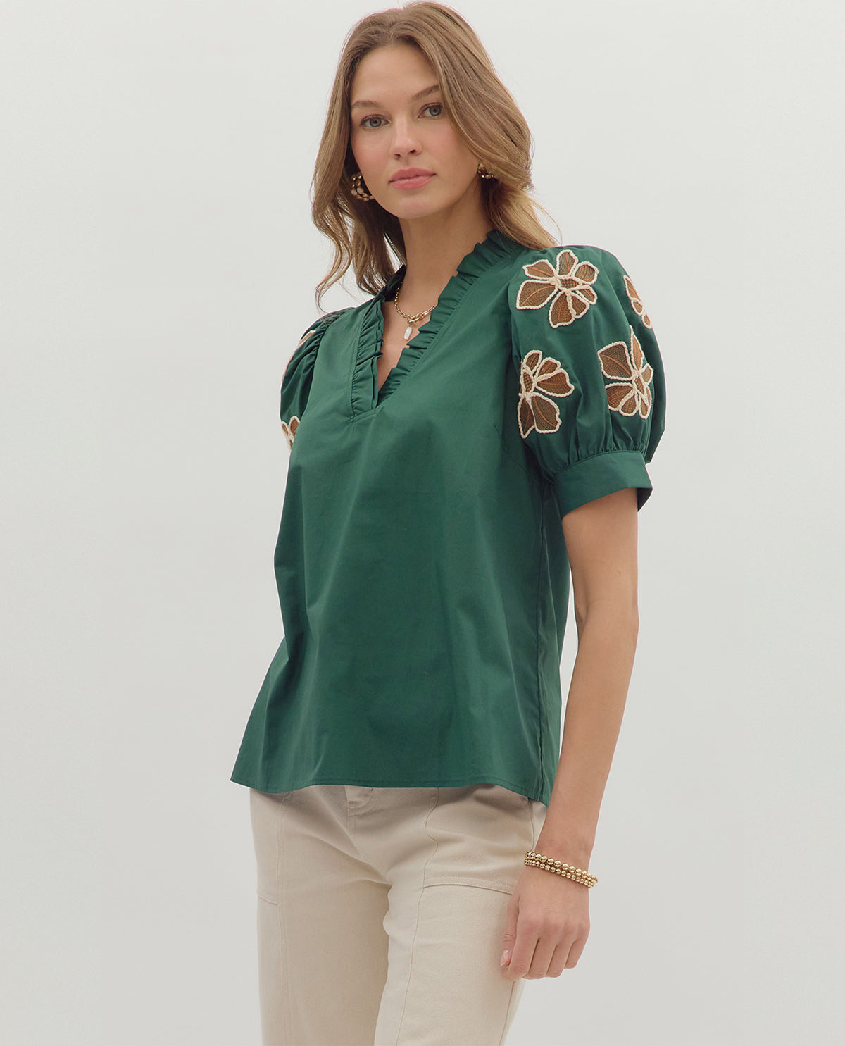 Entro Solid Top with Embroidered Puff Sleeve Green