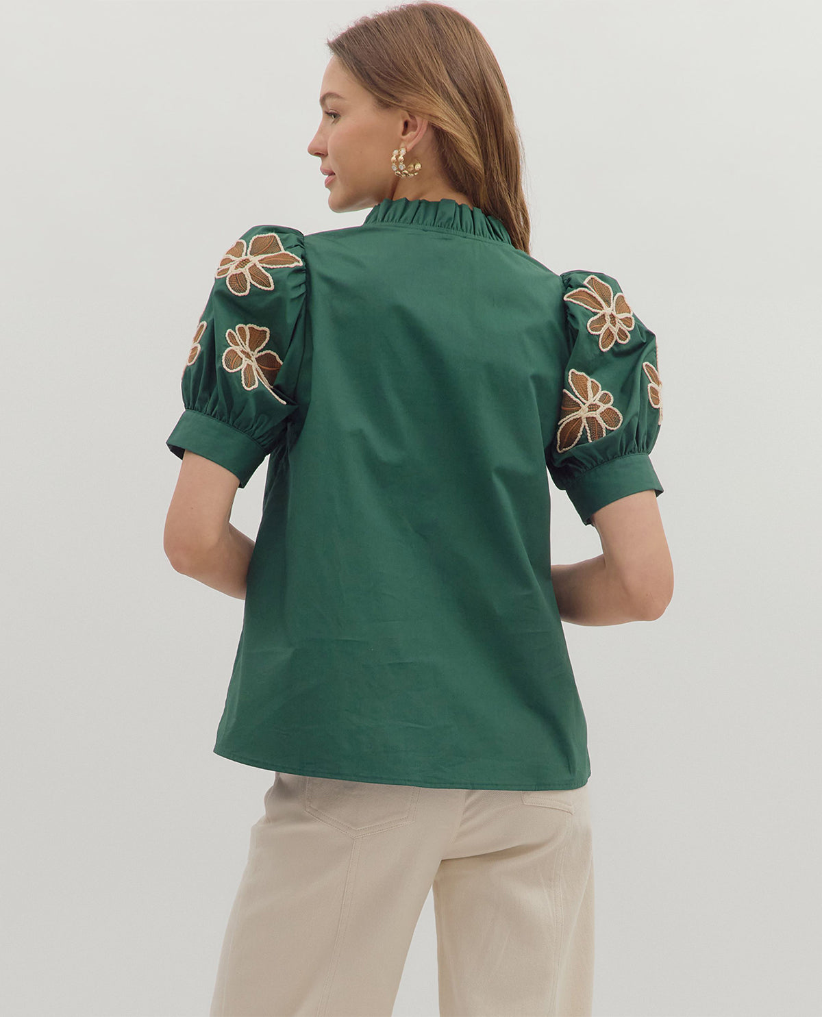 Entro Solid Top with Embroidered Puff Sleeve Green