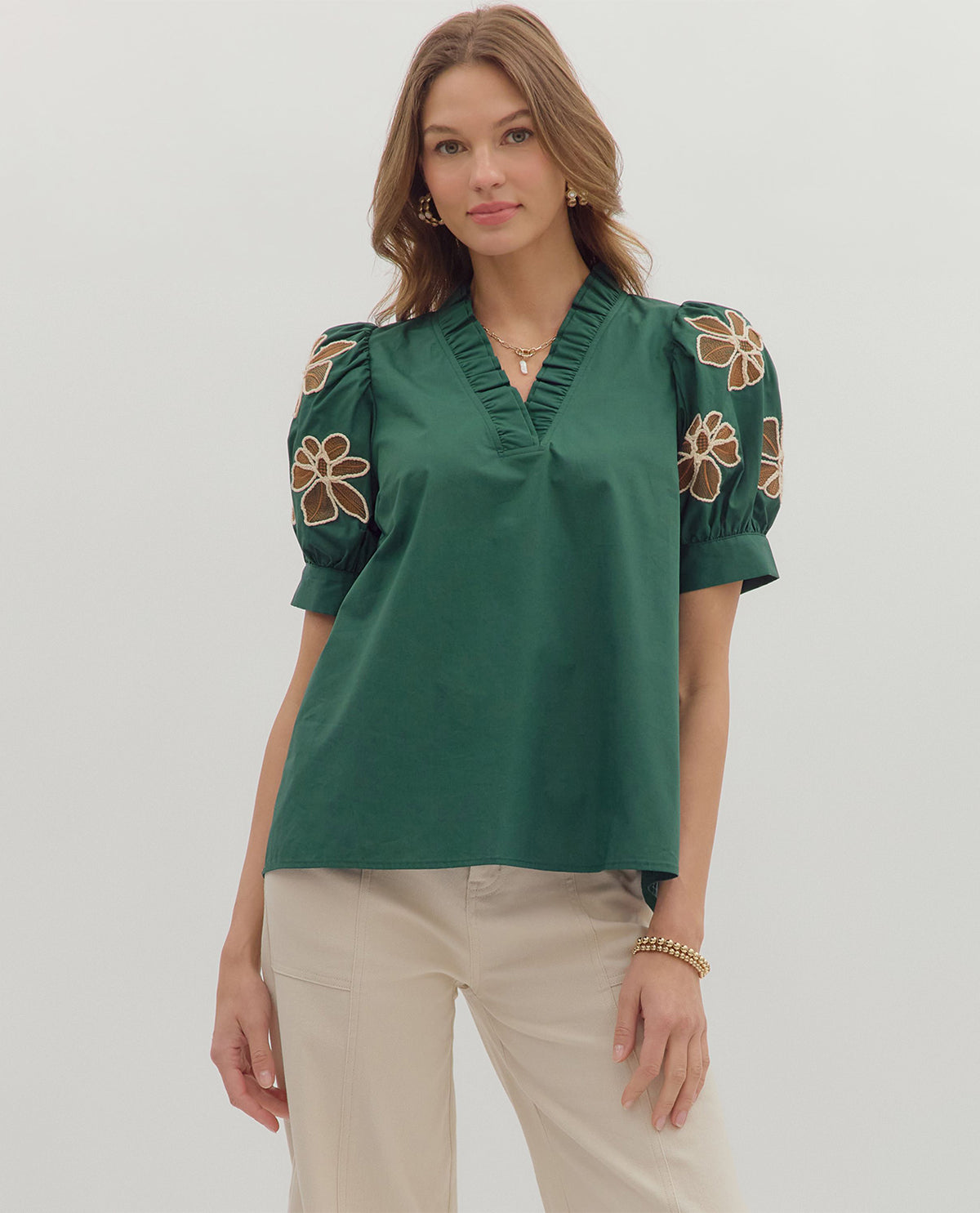 Entro Solid Top with Embroidered Puff Sleeve Green