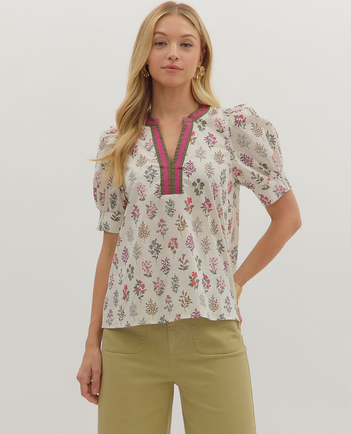Entro Print Top with Contrast Neck Trim Cream