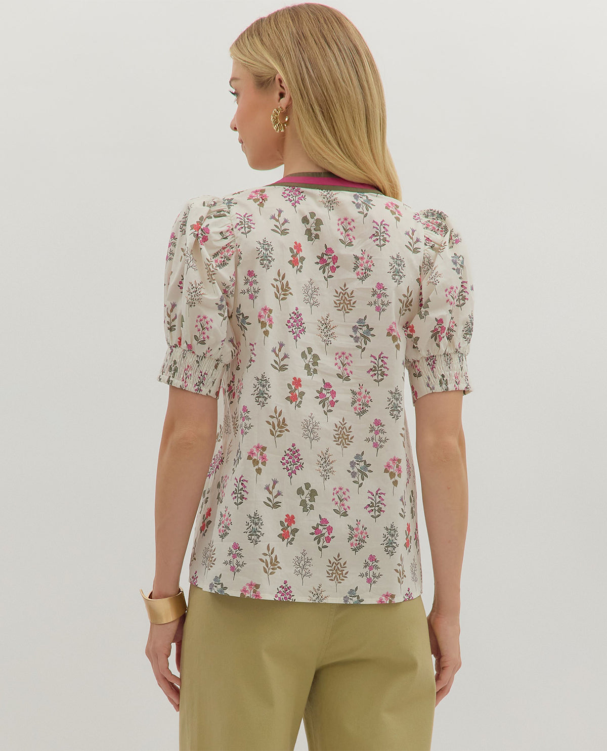 Entro Print Top with Contrast Neck Trim Cream