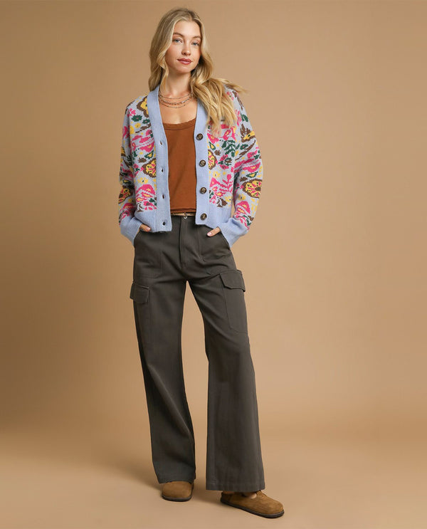 Floral Print Knit Button up Cardigan Sweater