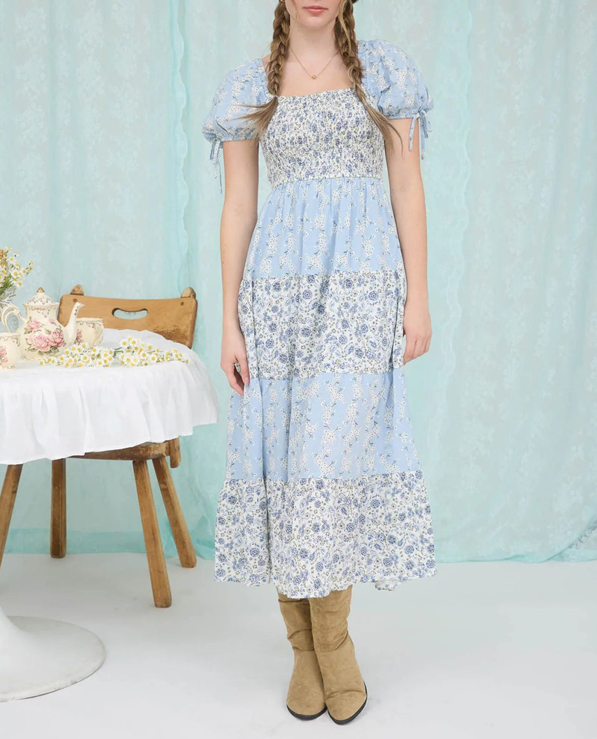 slim fit dress slacks Blu Pepper Light Sage Daisy Embroidery Smocked Puff Sleeve Mini Dress main image 1