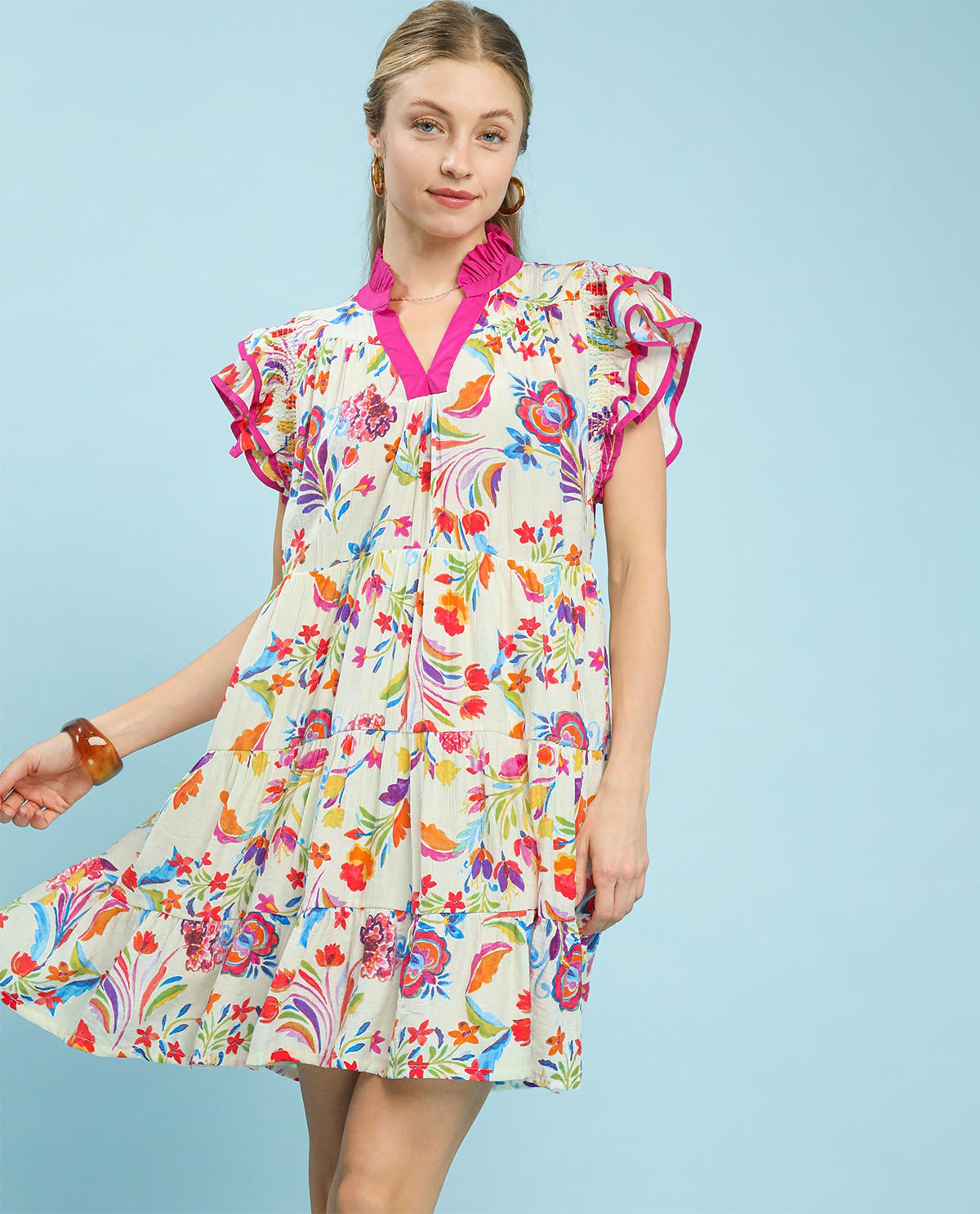 Umgee Print Ruffle Sleeve Tiered Dress Pink Mix / Small
