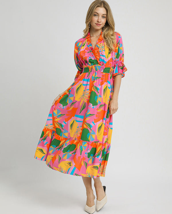 Umgee Vneck Smocked Maxi Colorful Dress