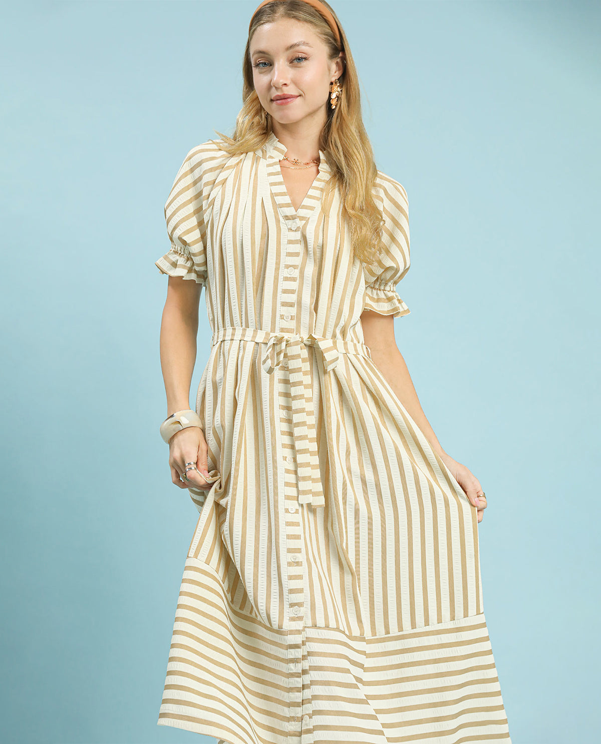 Umgee Stripe Dress with Tie Waist Latte / Lge