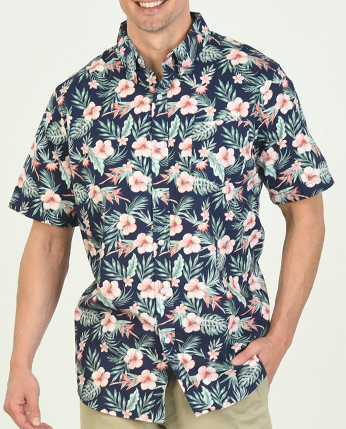 Chaps Men's Short Sleeve Printed Cotton Poplin Button Up Shirt