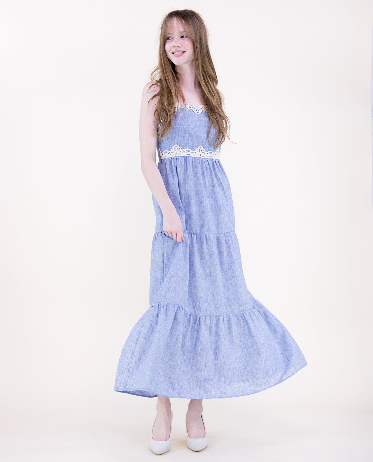 Original USA Lace Trim Tiered Dress Lt Denim Large/X-Large / Light Denim