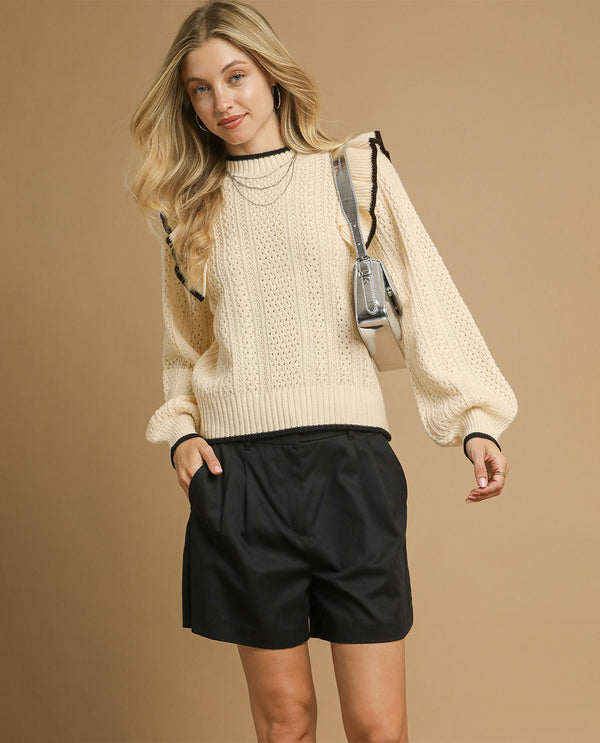 Umgee Ruffle Shoulder Texture Knit Sweater