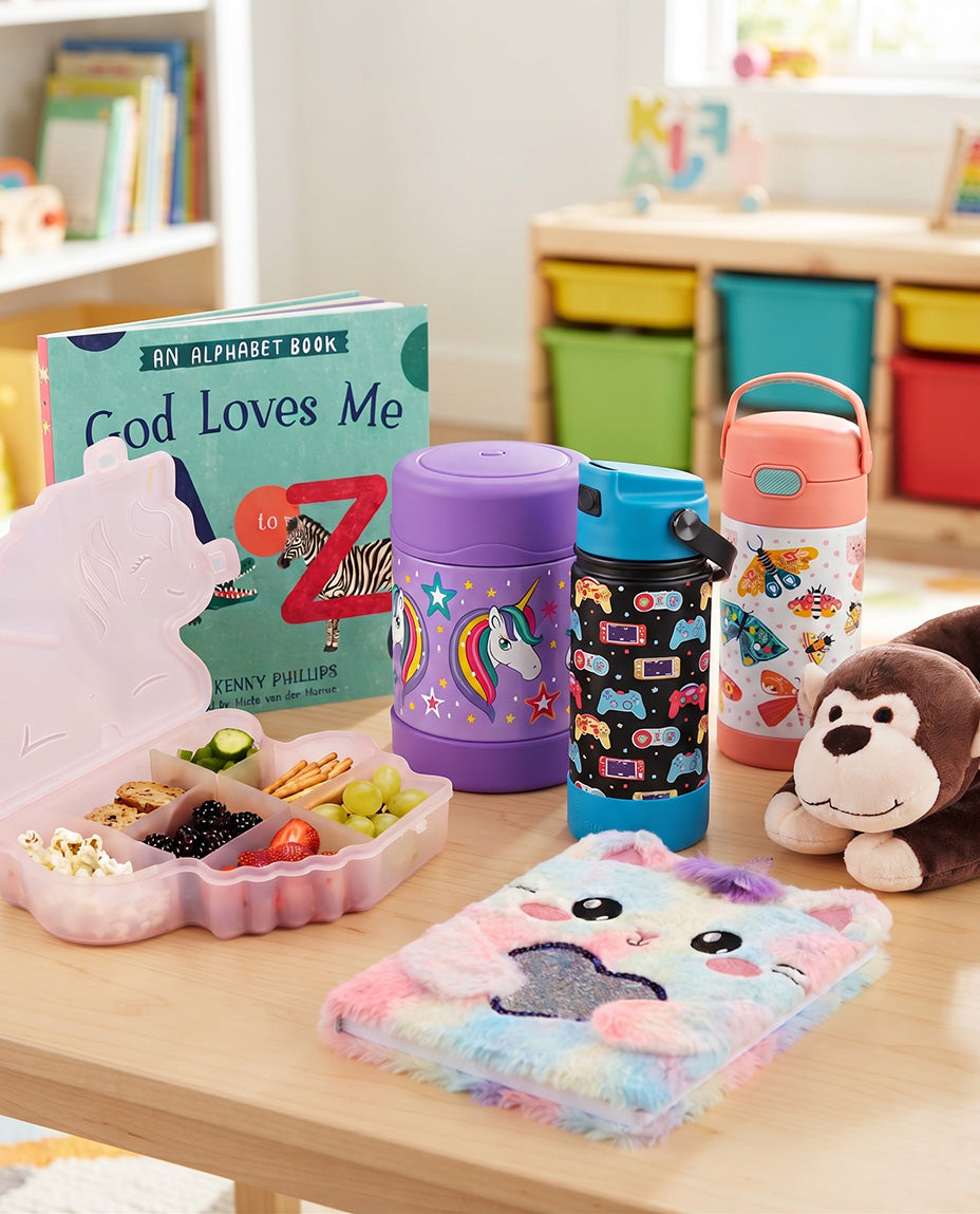 3-piece kids set with cartoon characters in packaging