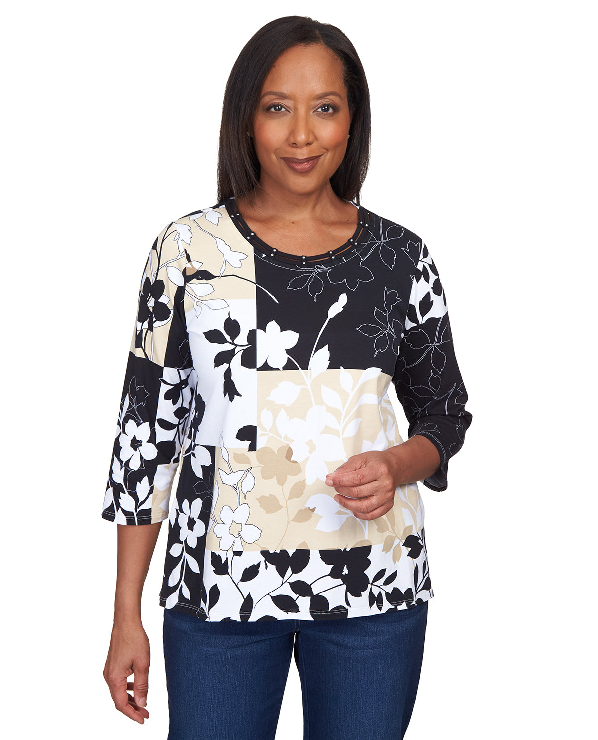 Alfred Dunner Key Item Shadow Floral Boxes Knit Top