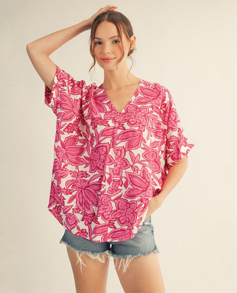 Jodifl Print V-Neck Dolman Top Fuchsia