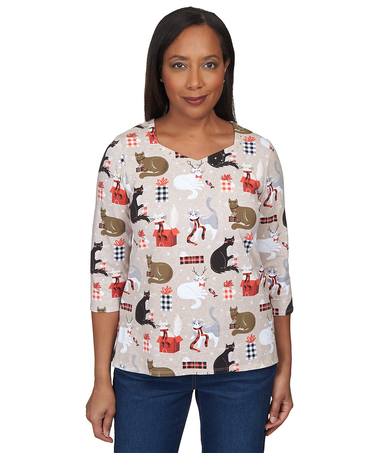 Alfred Dunner Petite Classic Holiday Cat Knit Top