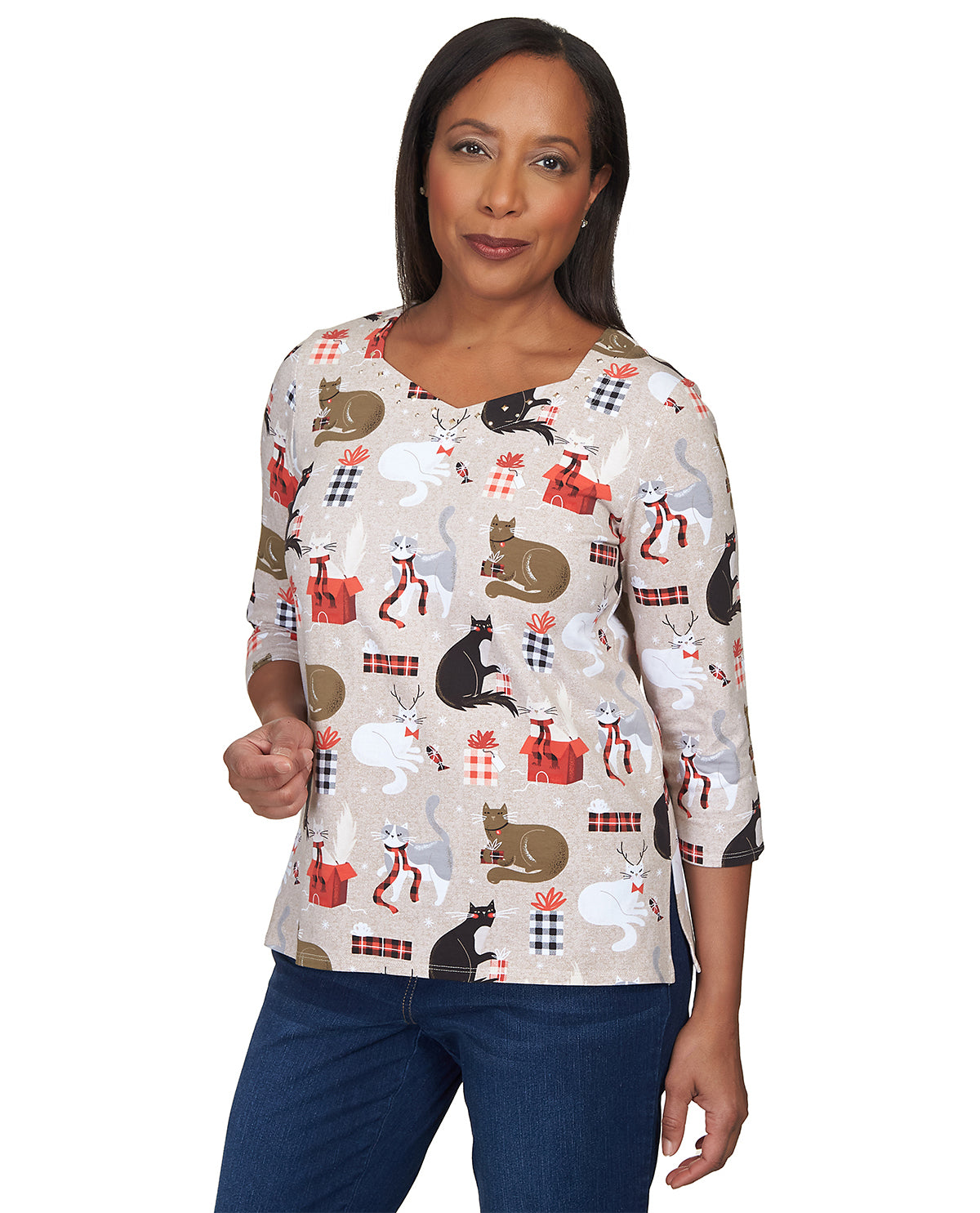 Alfred Dunner Petite Classic Holiday Cat Knit Top