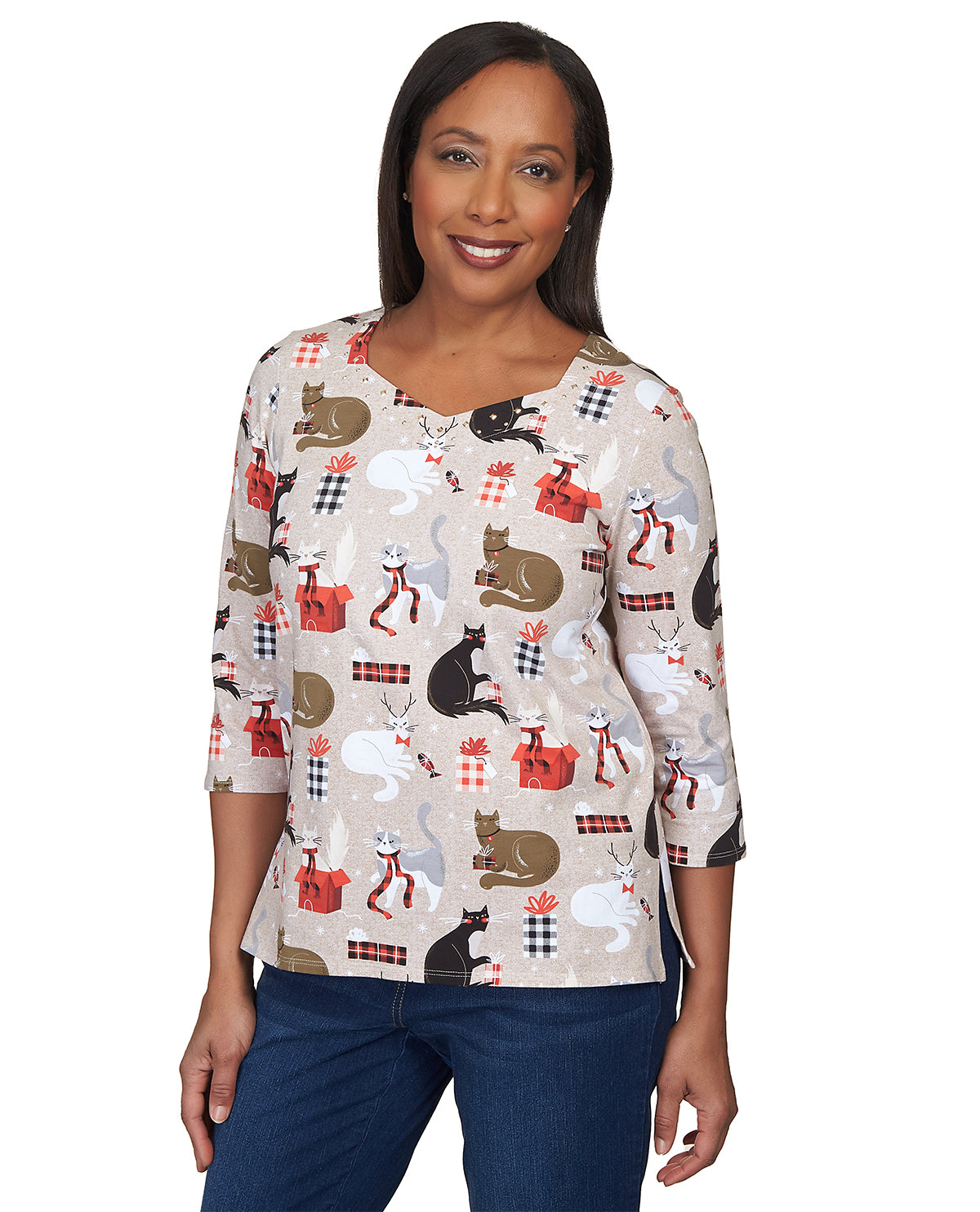 Alfred Dunner Petite Classic Holiday Cat Knit Top