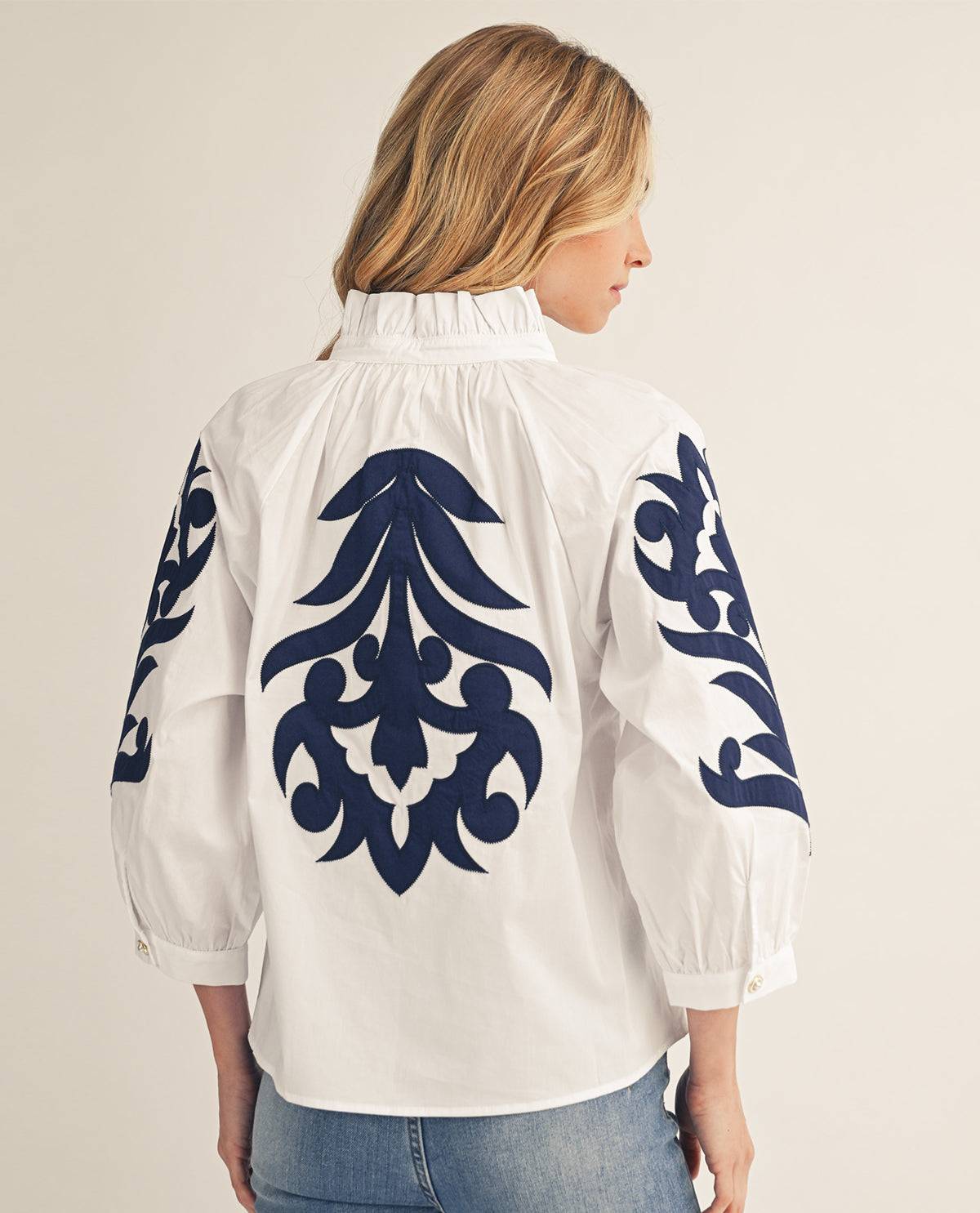 Jodifl Bold Applique Ruffle Neck Top