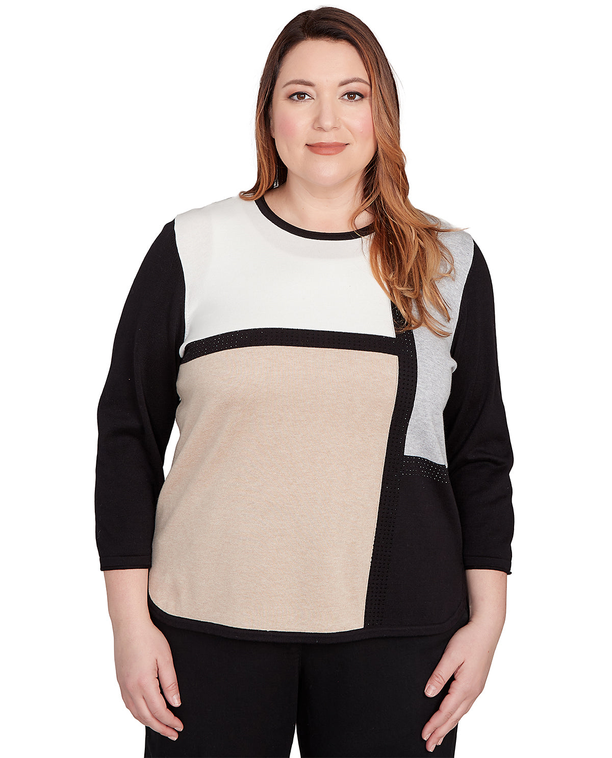 A woman modeling a color-block knit sweater with black three-quarter sleeves, a white upper yoke, a beige lower panel, and a light gray side panel, set against a plain white background.