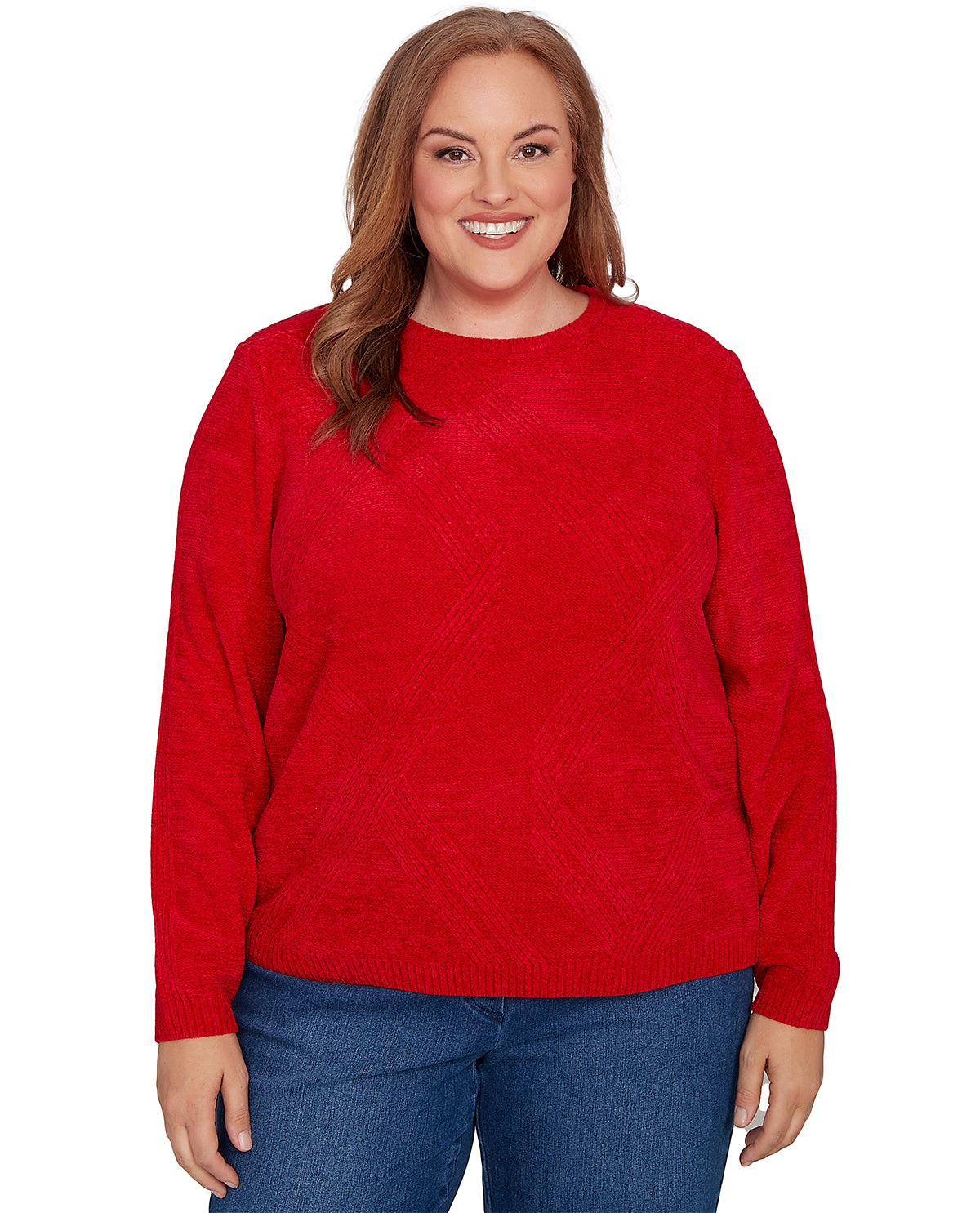 Woman wearing a red sweater on a white background