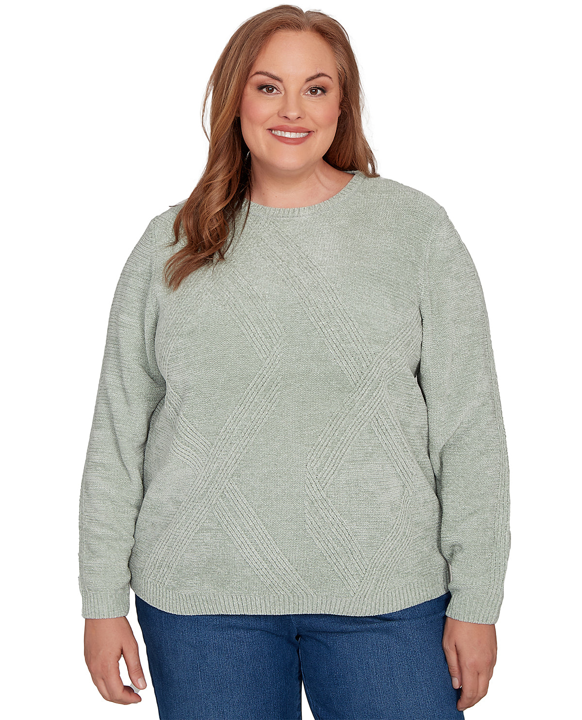 Woman wearing a light green sweater on a white background