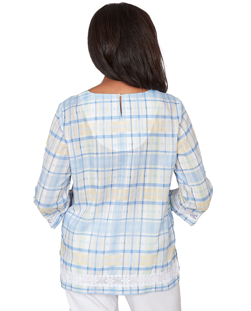 Alfred Dunner Pastel Story Plaid Lace Neck Top Blue