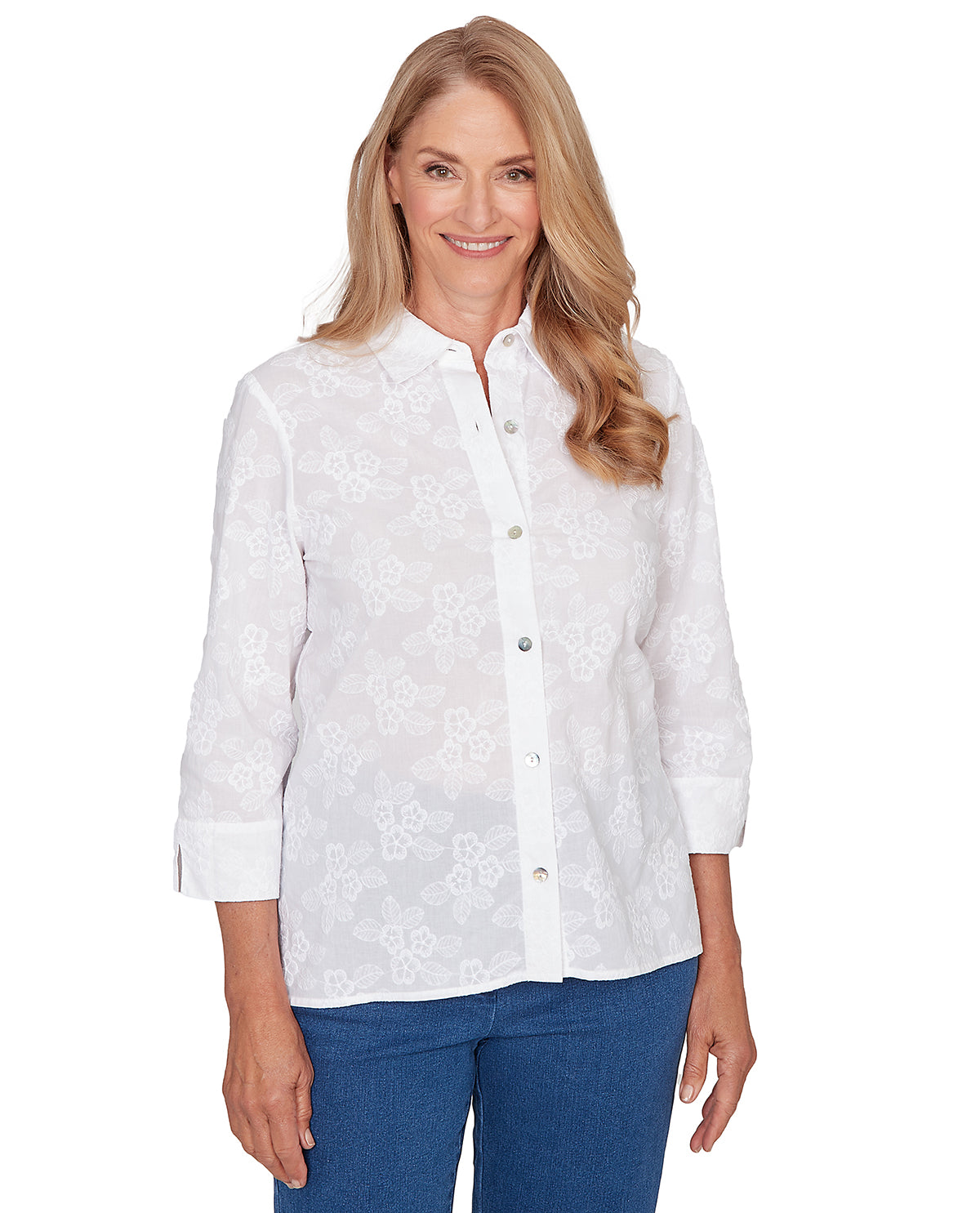 Alfred Dunner Missy Pastel Story Flower Embroidery Top White