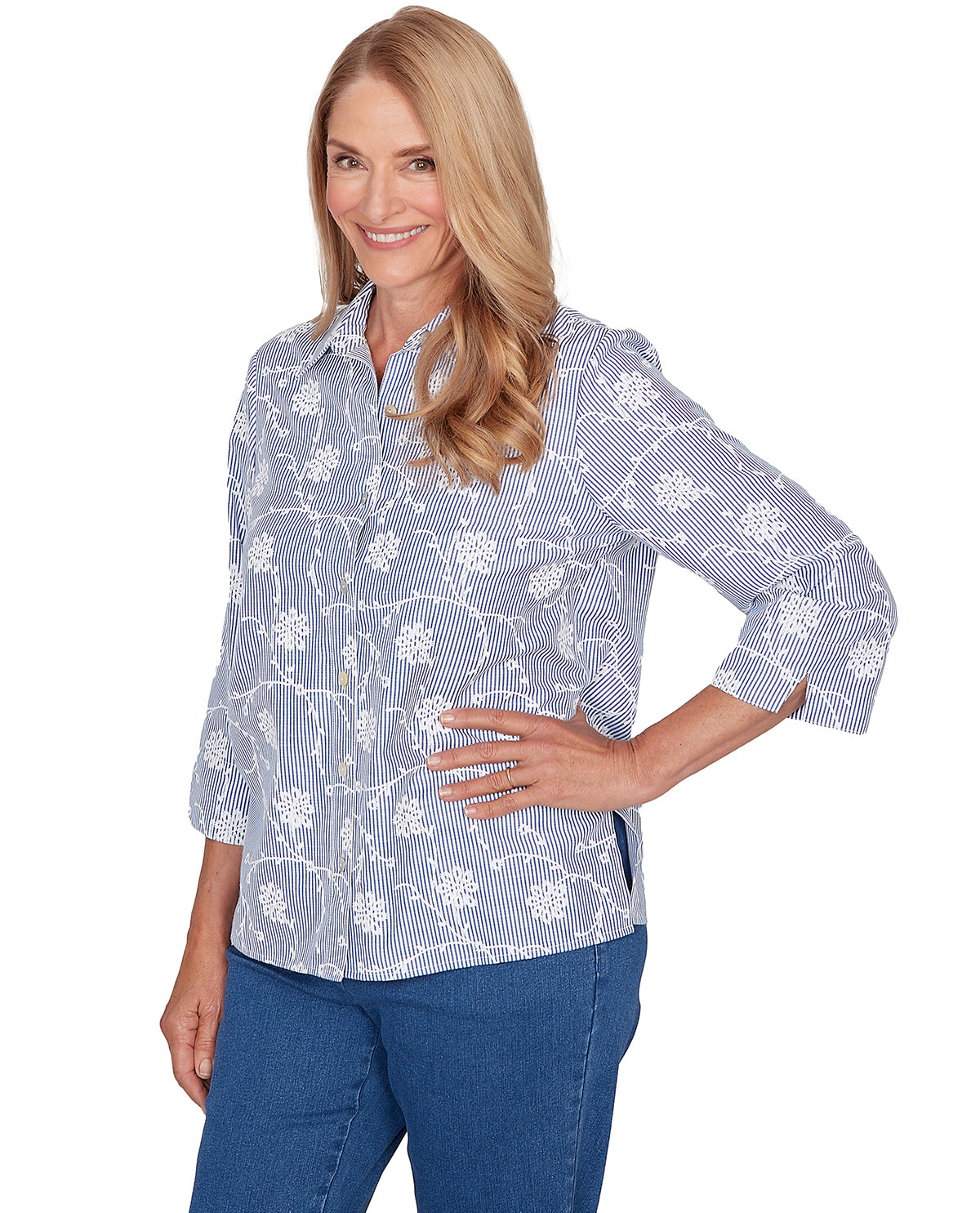 Alfred Dunner Missy Pastel Story Pinstripe Embroidery Blue