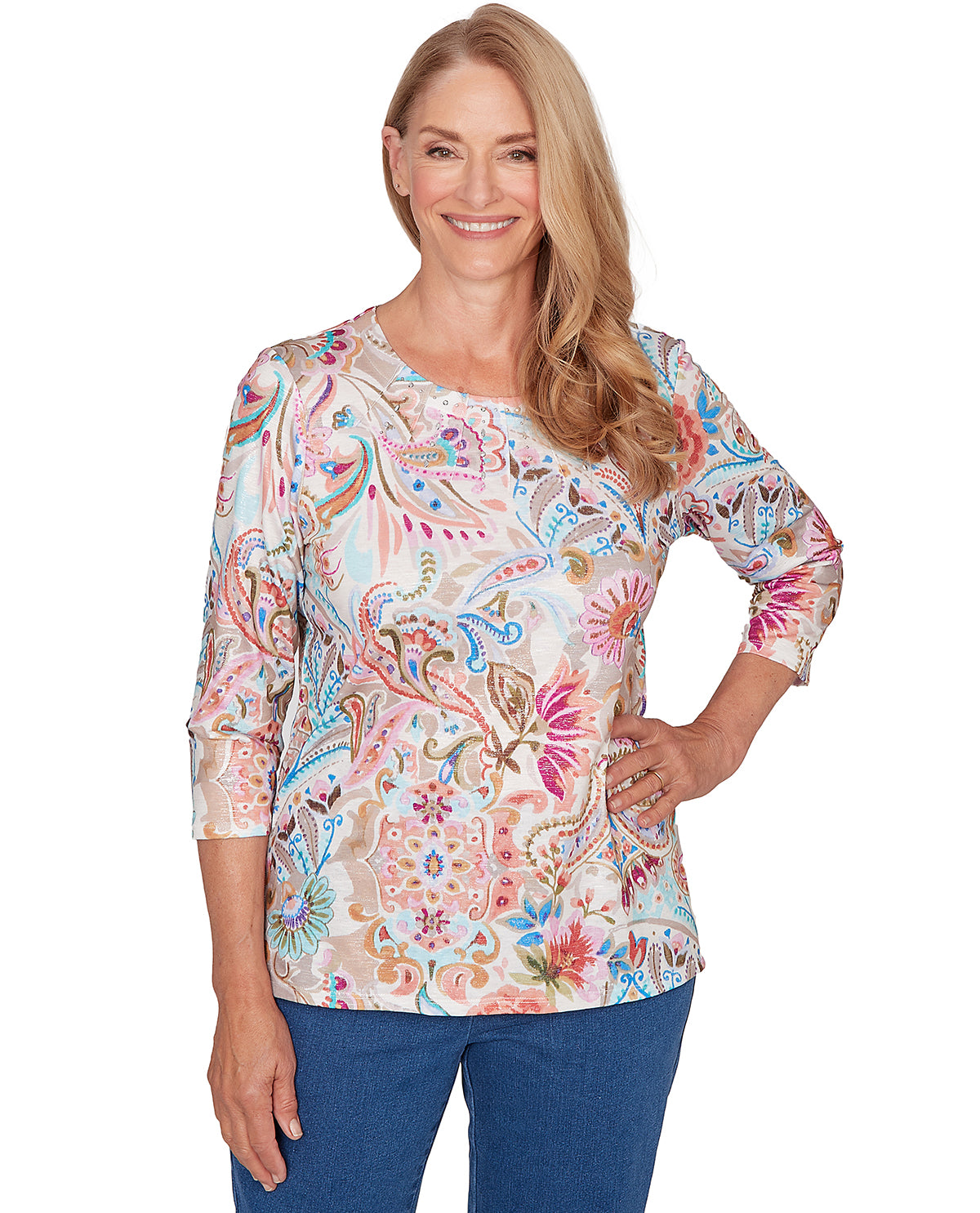 Alfred Dunner Missy Pastel Story Paisley Floral Top Tan
