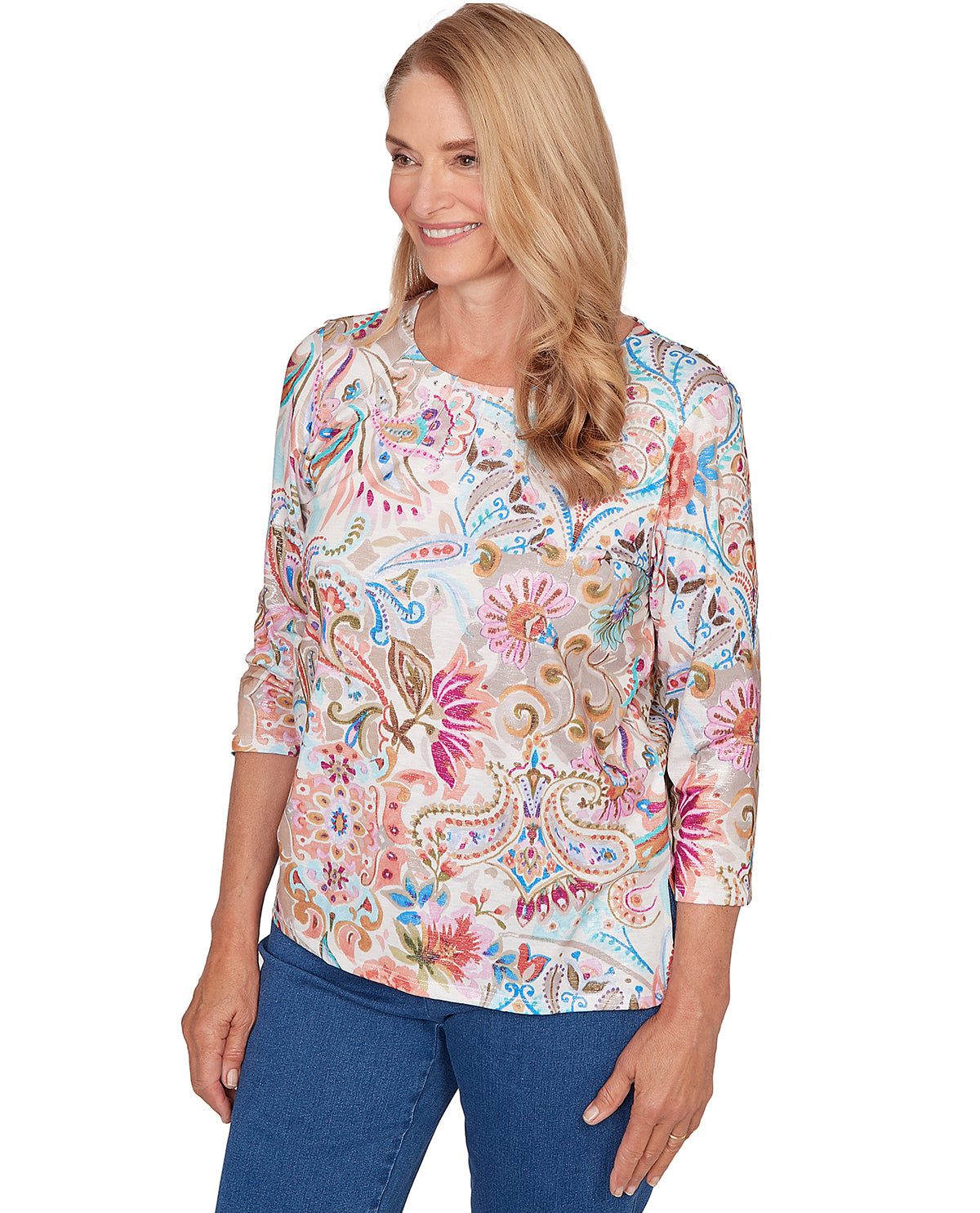 Alfred Dunner Missy Pastel Story Paisley Floral Top Tan