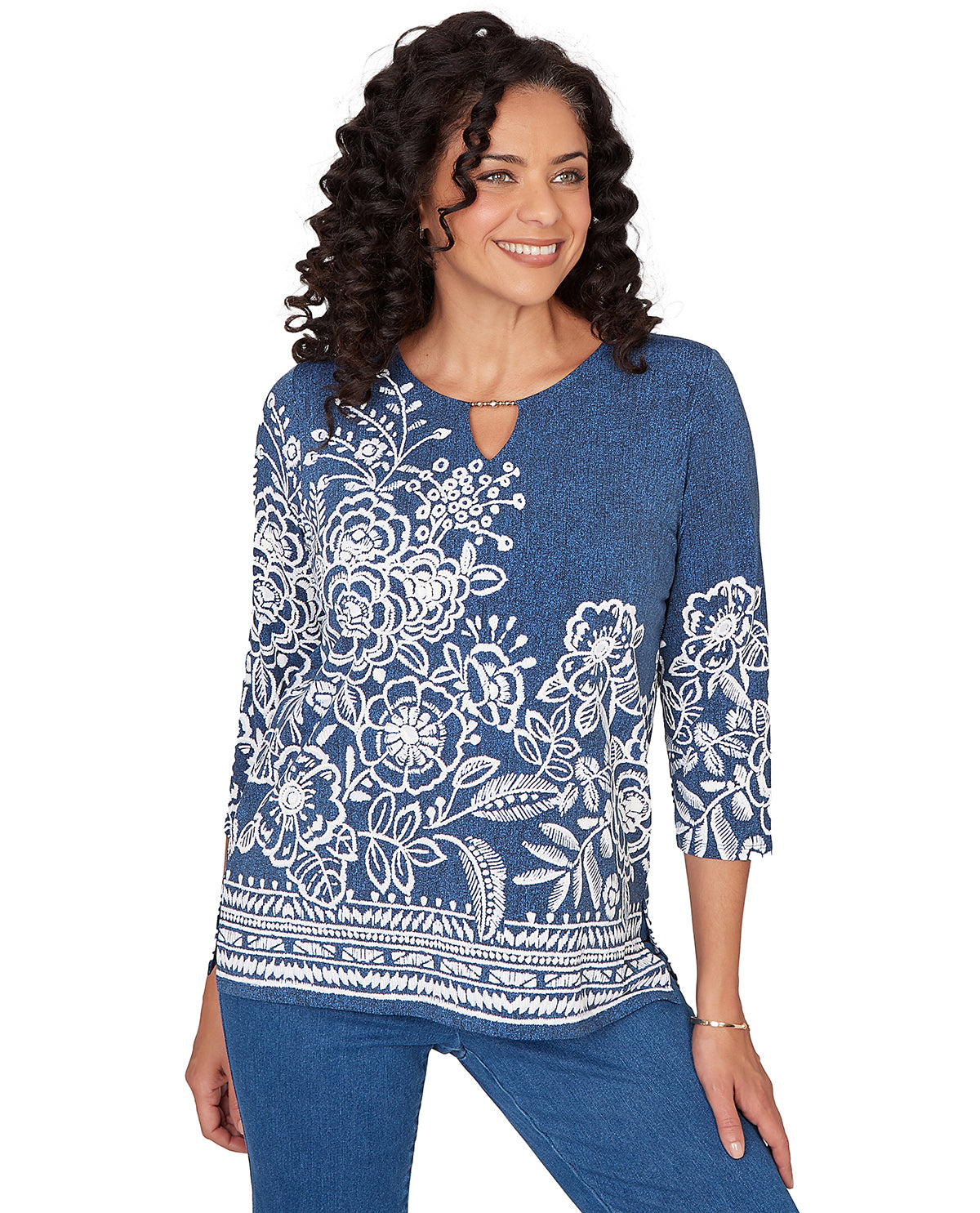 Alfred Dunner Missy Pastel Story Etched Floral Top Denim