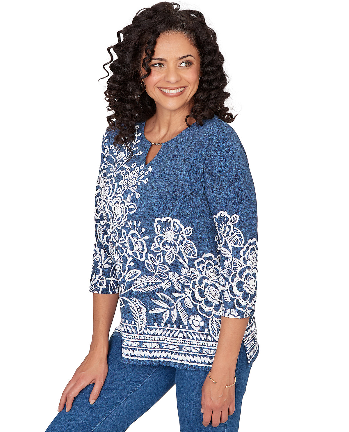 Alfred Dunner Missy Pastel Story Etched Floral Top Denim