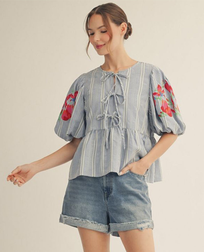Jodifl Stripe Tie Front Top With Embroidered Sleeve Blue