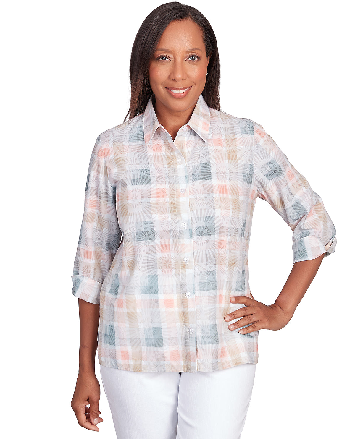 Plus Alfred Dunner Neutral Plaid Woven Top