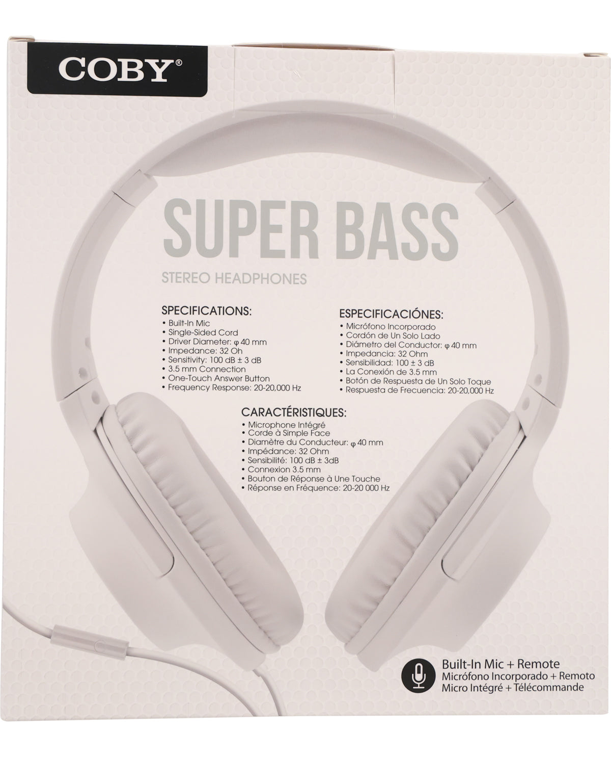Coby Super Bass stereo headphones packaging with specifications on a white background
