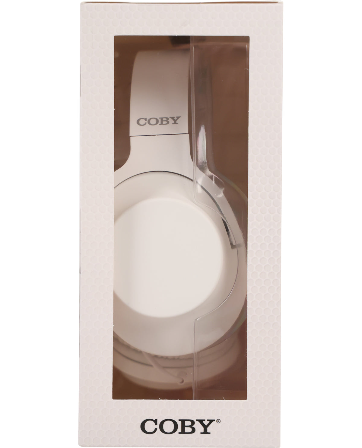 Coby headphones in a clear box on a white background