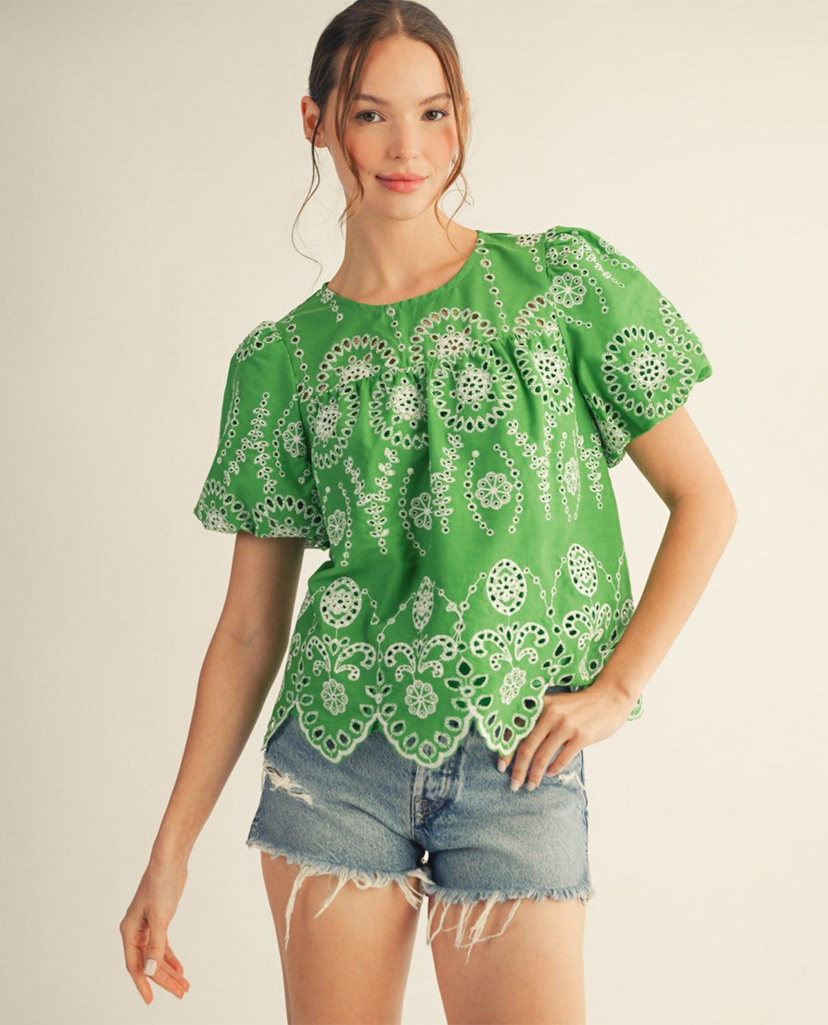 Jodifl Pointelle Top With Scallop Hem Green