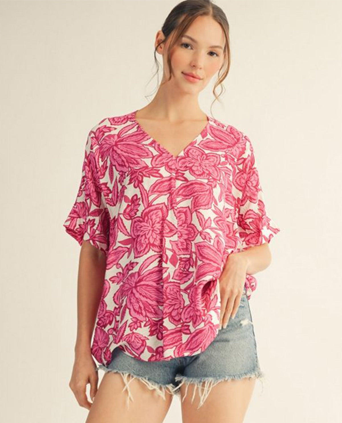 Jodifl Print V-Neck Dolman Top Fuchsia