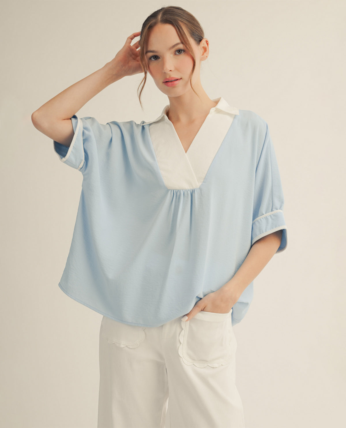 Jodifl Solid Collar Dolman With Contrast Trim Blue