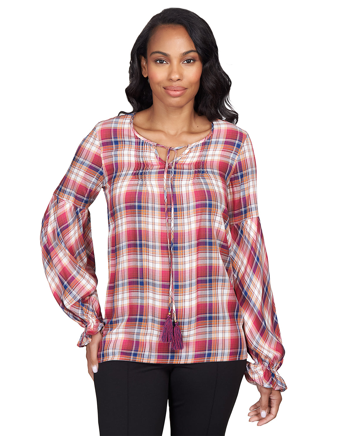 Ruby Road Fall Wonders Tassel Plaid Woven Top