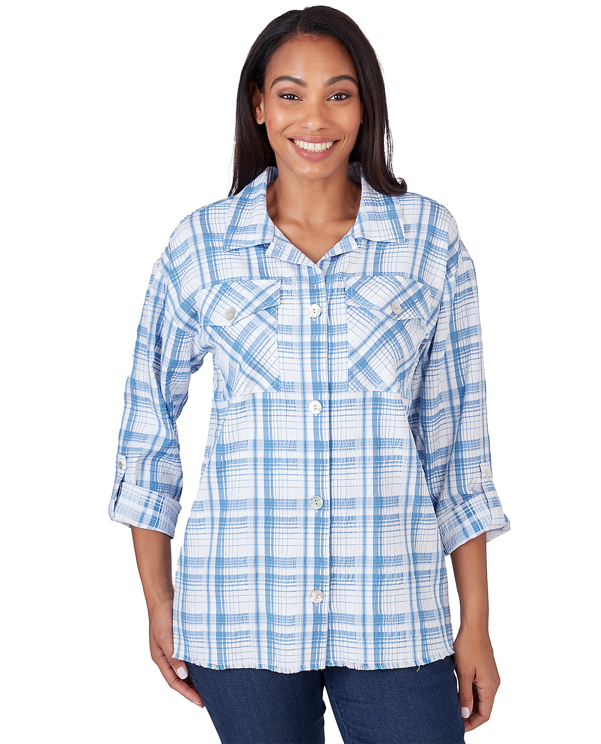 Ruby Road Blue Horizon Button Front Plaid Crepe Shirt Jacket