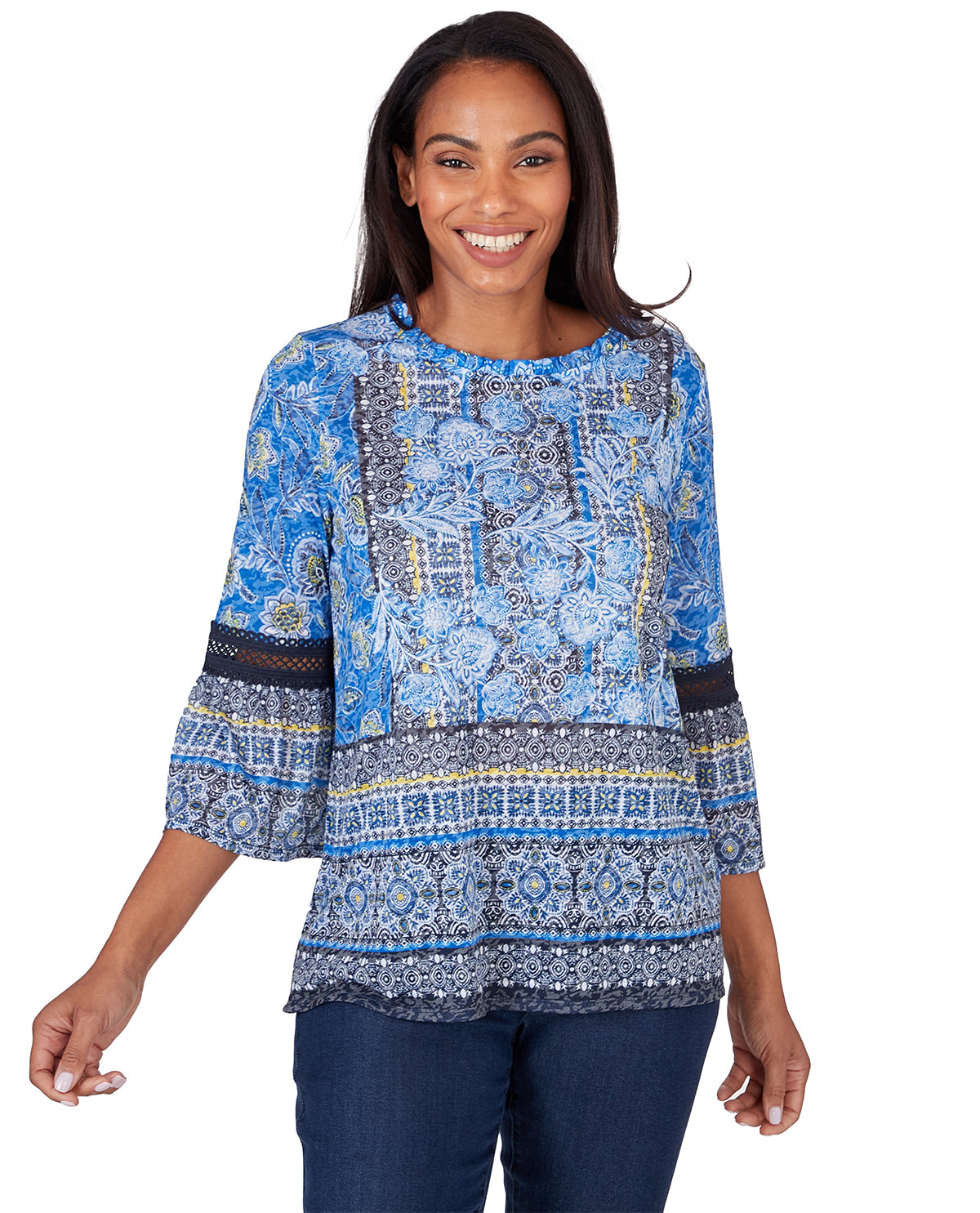 Ruby Road Blue Horizon Ruffle Knit Lace Top