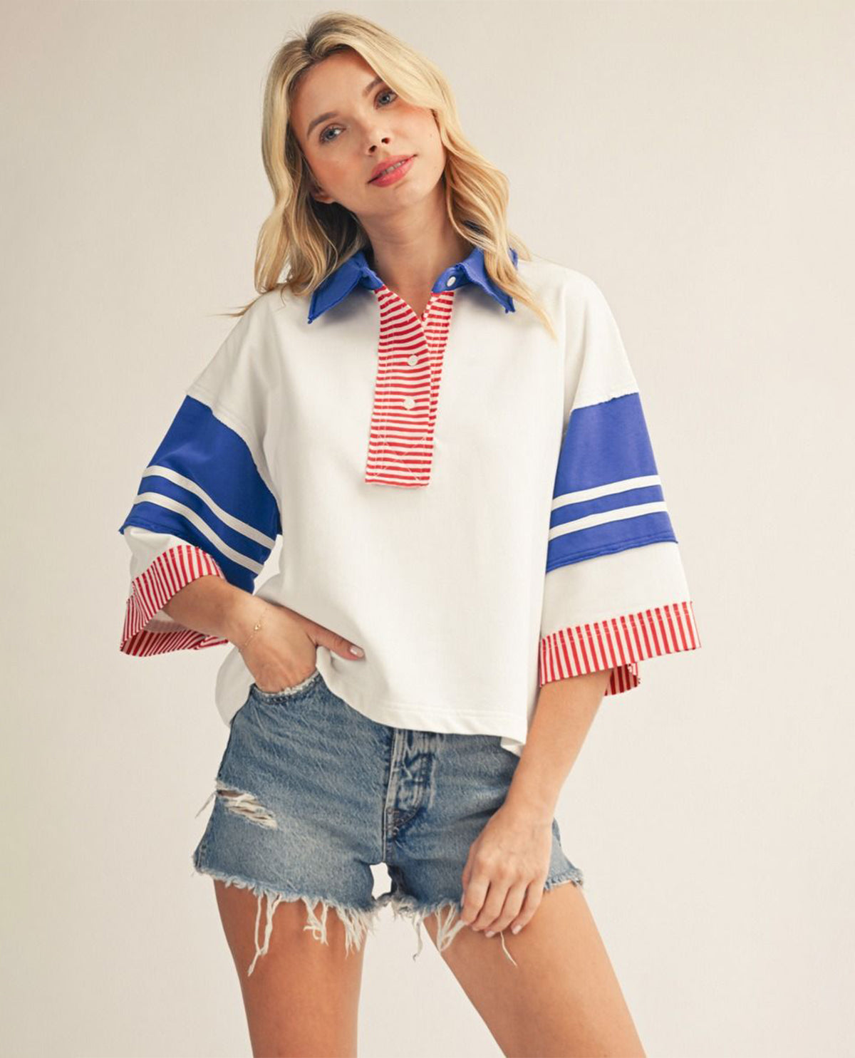Jodifl Color Block Top With Stripe Henley Off White