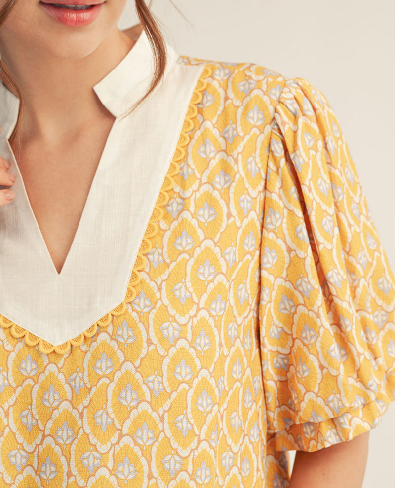 Jodifl Print Top With Solid Contrast Trim Yellow