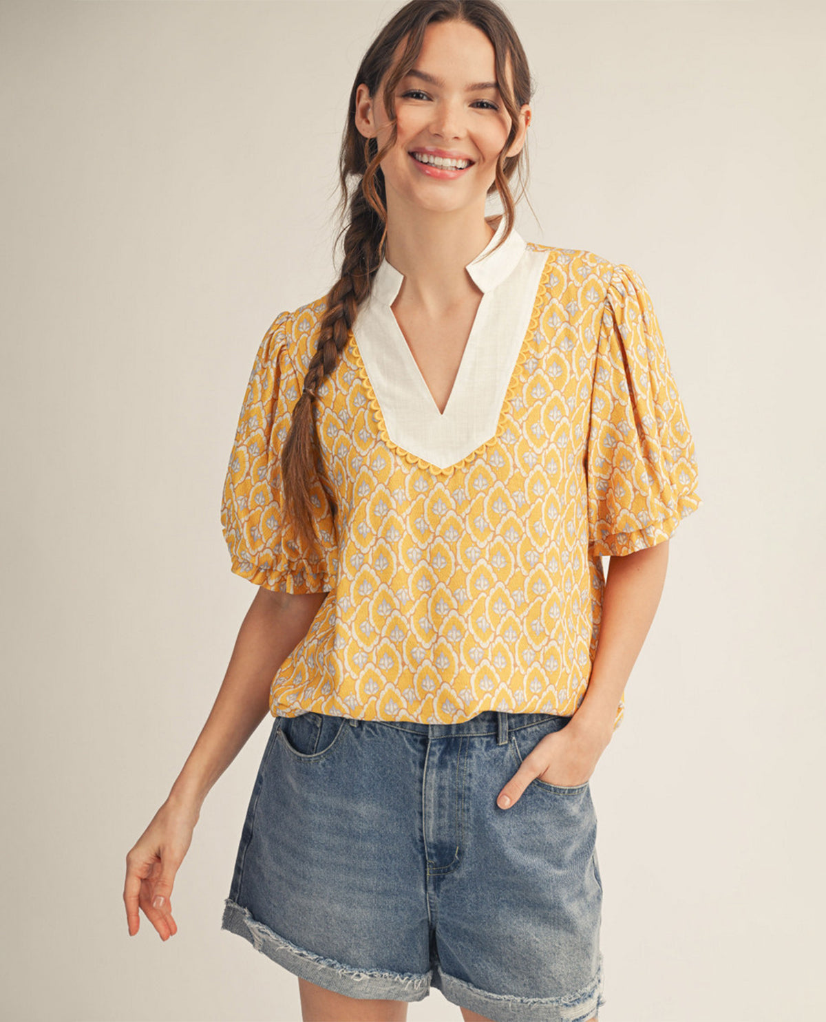 Jodifl Print Top With Solid Contrast Trim Yellow