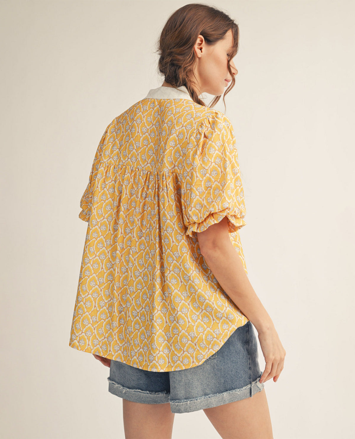 Jodifl Print Top With Solid Contrast Trim Yellow